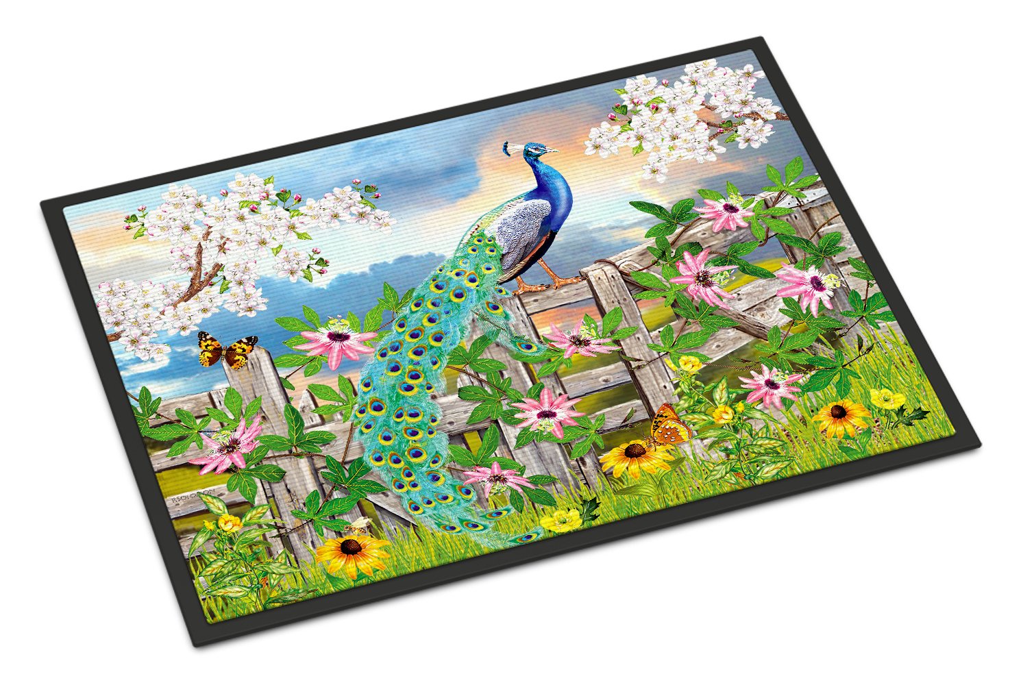 Peacock on Garden Fence Indoor or Outdoor Mat 24x36 PRS4042JMAT