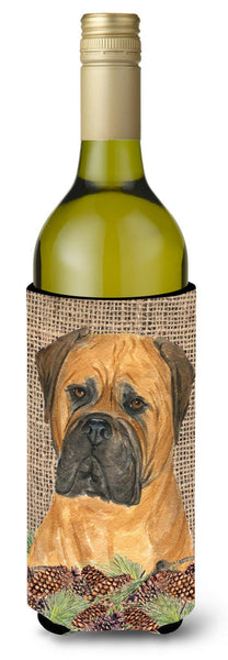 Bullmastiff on Faux Burlap with Pine Cones Wine Bottle Beverage Insulator Beverage Insulator Hugger by Caroline's Treasures