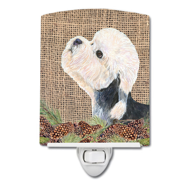Dandie Dinmont Terrier on Faux Burlap with Pine Cones Ceramic Night Light SS4092CNL - the-store.com
