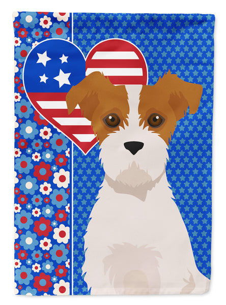 Brown White Wirehair Jack Russell Terrier USA American Flag Garden Size  the-store.com.