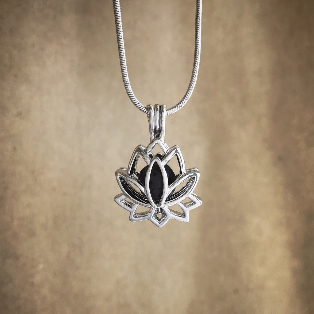 Lotus Lava Diffuser Necklace - Rhodium Tone Cage Locket Necklace – The ...