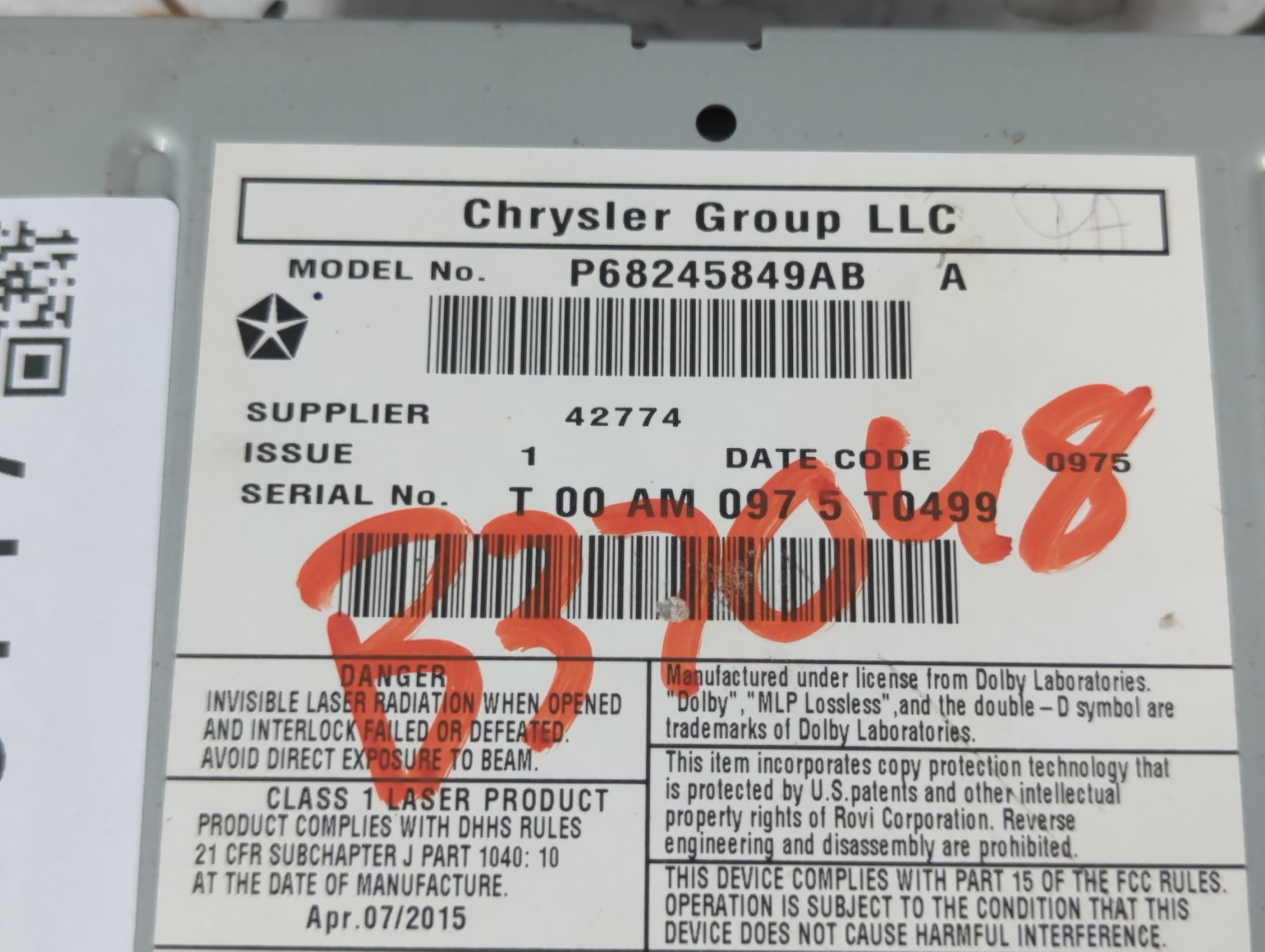 2015-2017 Jeep Wrangler Radio AM FM Cd Player Receiver Replacement P/N:P68245849AB Fits Fits 2015 2016 2017 OEM Used Auto Parts - Oemusedautoparts1.com