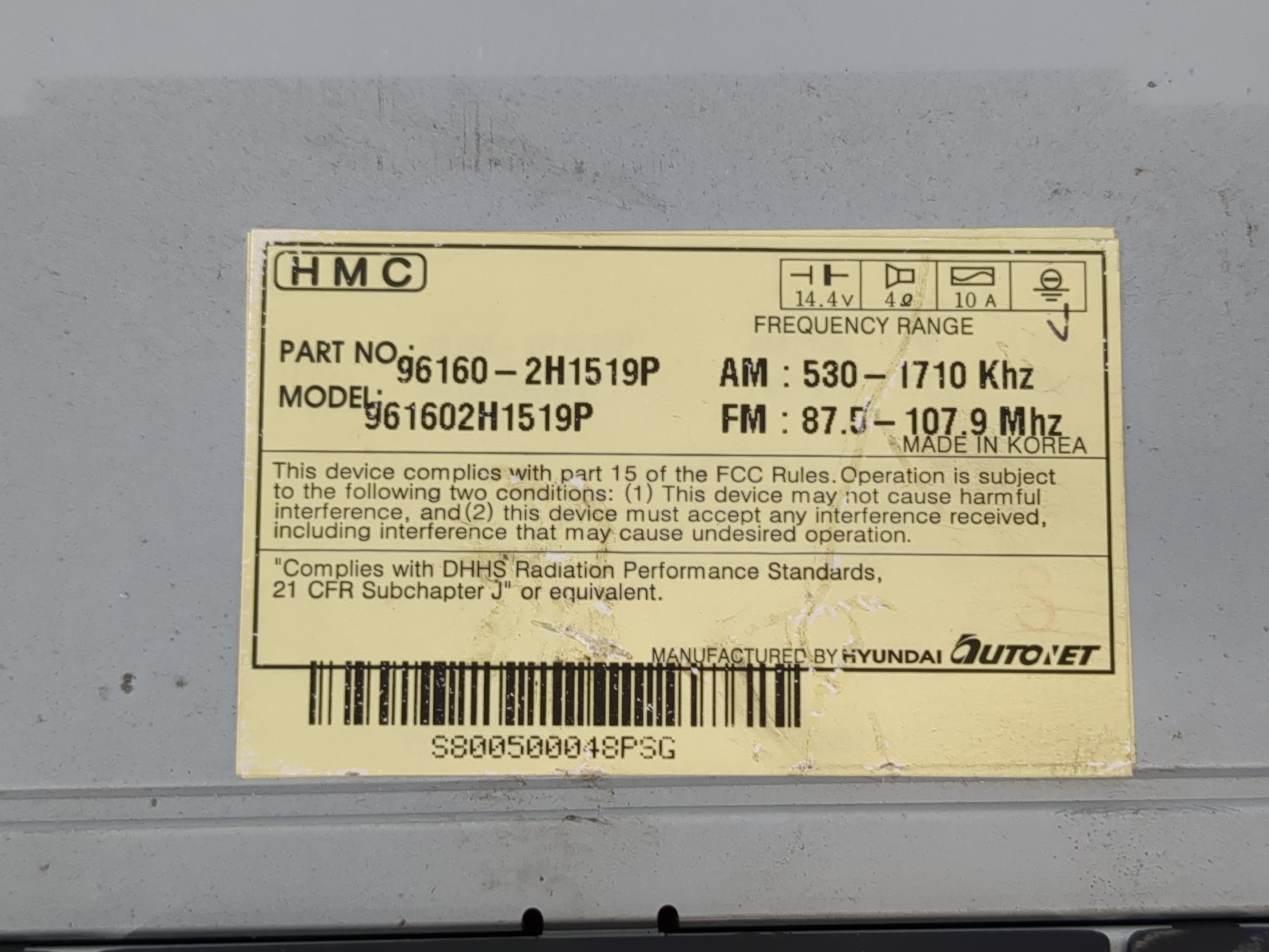2007-2010 Hyundai Elantra Radio AM FM Cd Player Receiver Replacement P/N:96160-2H1519P Fits Fits 2007 2008 2009 2010 OEM Used Auto Parts - Oemusedautoparts1.com
