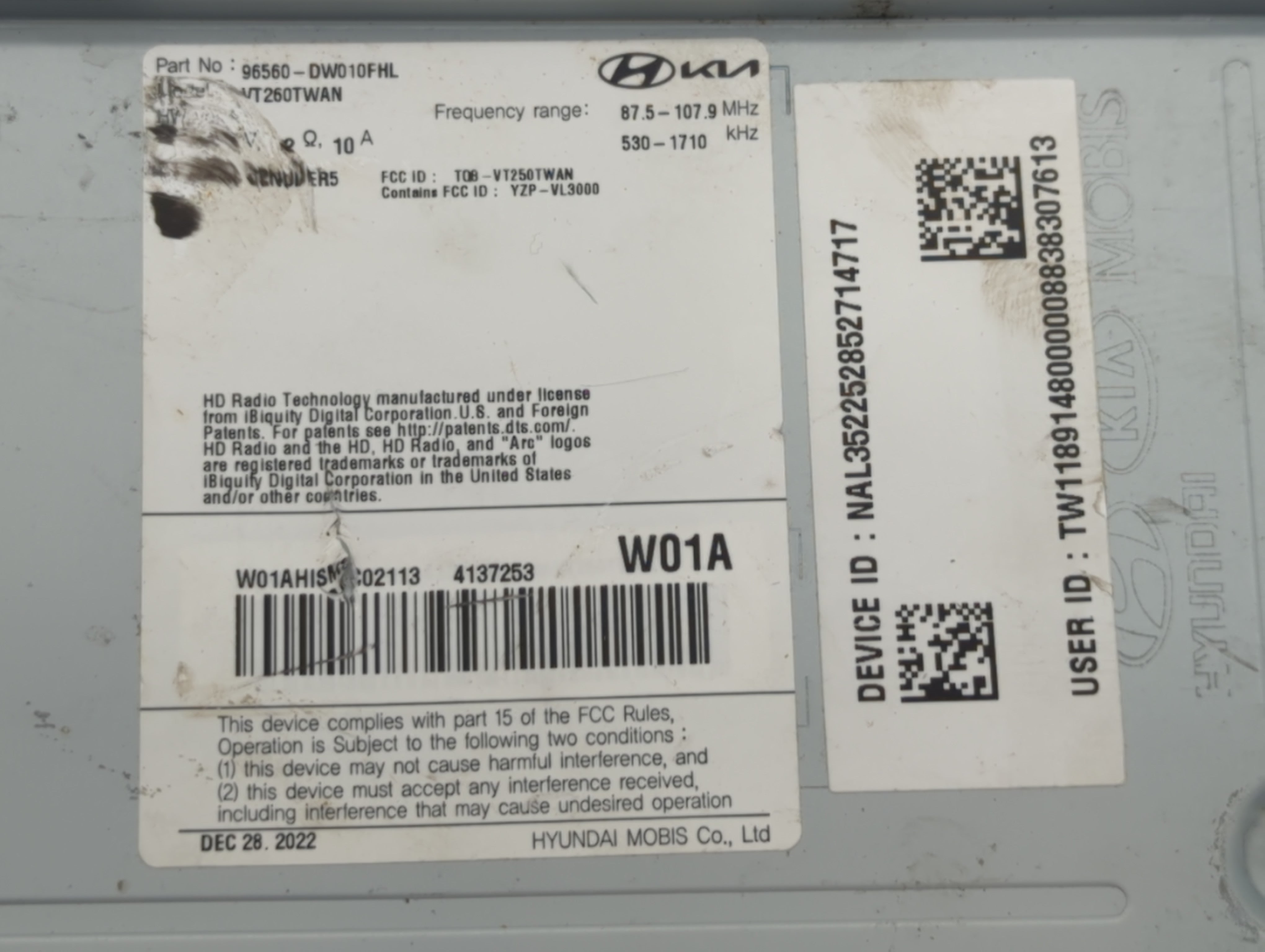 2023 Kia Sportage Radio AM FM Cd Player Receiver Replacement P/N:96560-DW010FHL Fits OEM Used Auto Parts - Oemusedautoparts1.com
