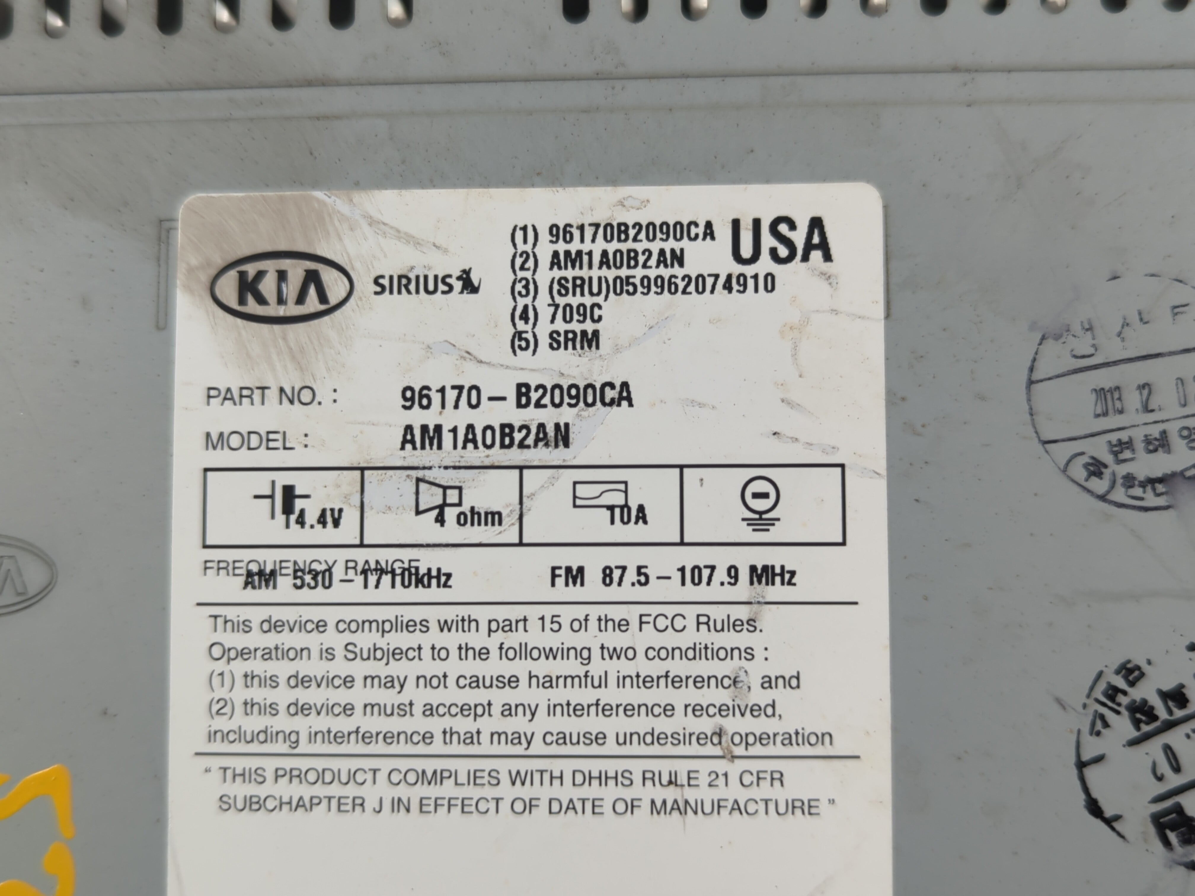 2014-2016 Kia Soul Radio AM FM Cd Player Receiver Replacement P/N:96170-B2090CA Fits Fits 2014 2015 2016 OEM Used Auto Parts - Oemusedautoparts1.com