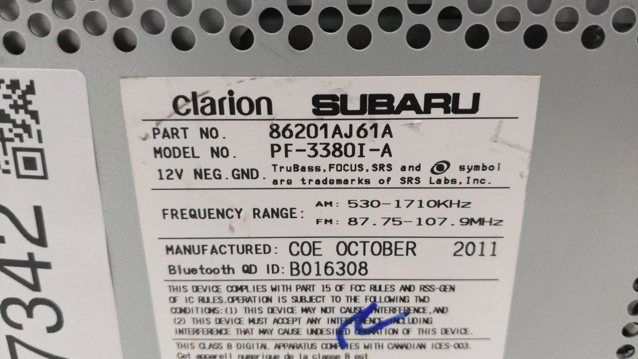 2012-2014 Subaru Legacy Radio AM FM Cd Player Receiver Replacement P/N:86201AJ61A Fits 2012 2013 2014 OEM Used Auto Parts - Oemusedautoparts1.com