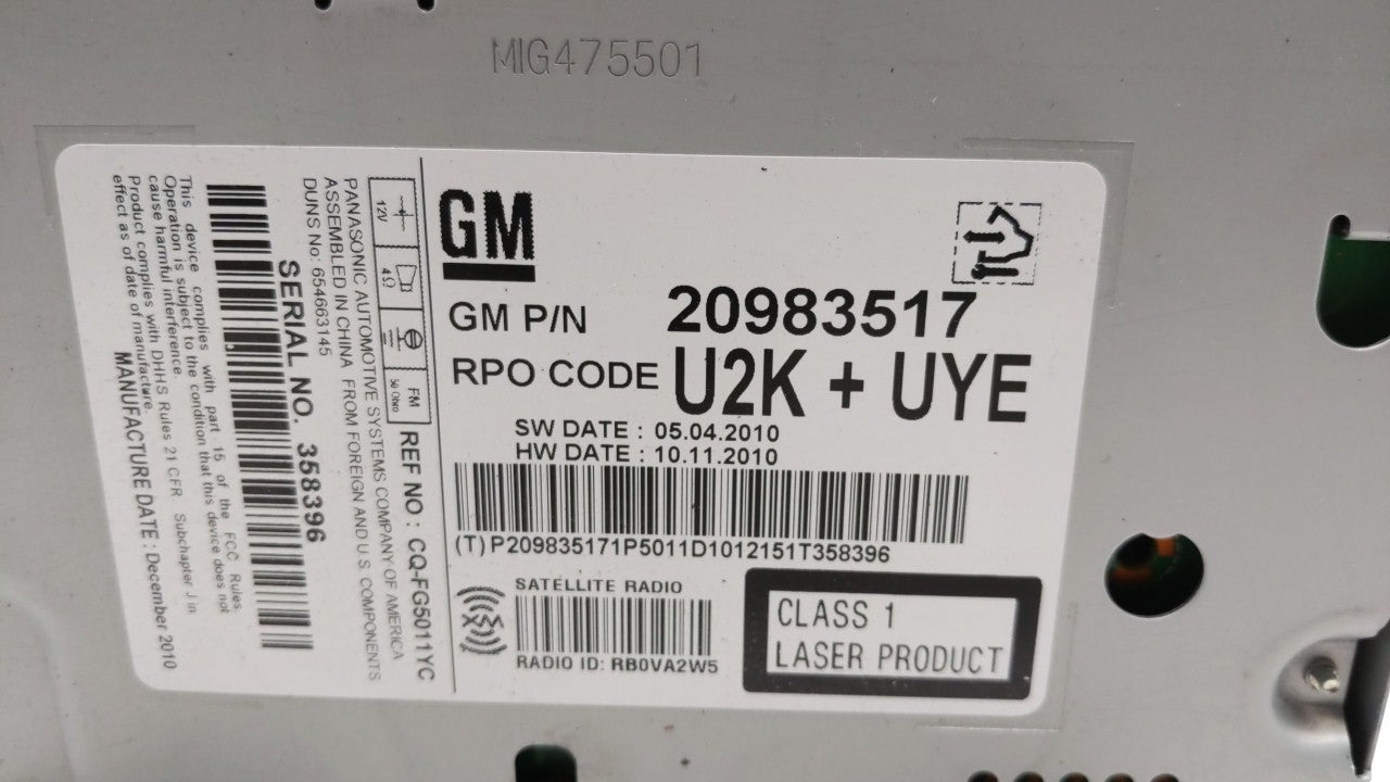 2011-2012 Chevrolet Cruze Radio AM FM Cd Player Receiver Replacement P/N:20983517 22870782 Fits 2010 2011 2012 OEM Used Auto Parts - Oemusedautoparts1.com