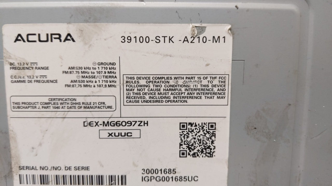 2010-2012 Acura Rdx Radio AM FM Cd Player Receiver Replacement P/N:39100-STK-A210-M1 Fits 2010 2011 2012 OEM Used Auto Parts - Oemusedautoparts1.com