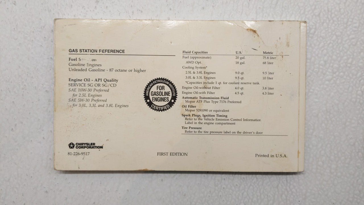 1995 Dodge Caravan Owners Manual Book Guide P/N:81-226-9517 OEM Used Auto Parts - Oemusedautoparts1.com