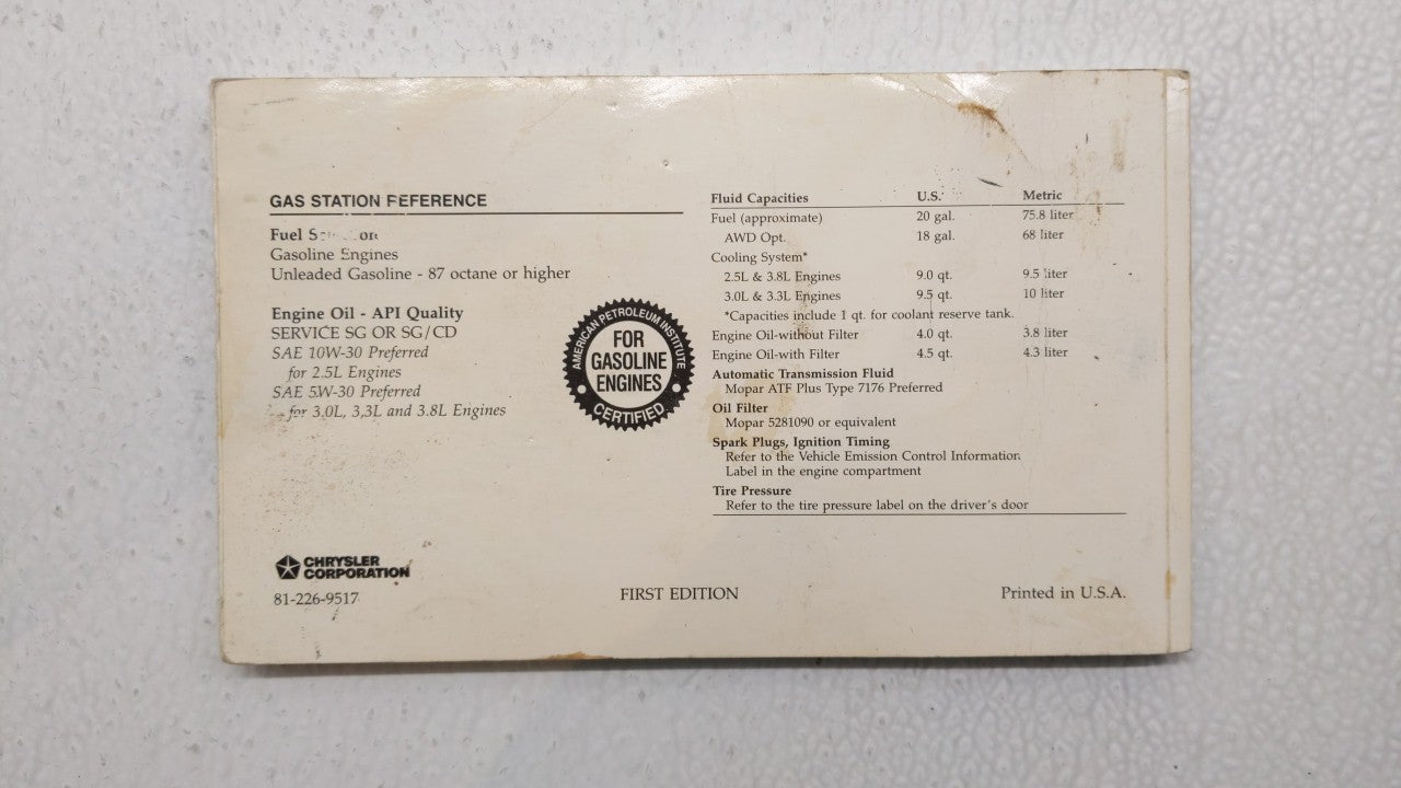 1995 Dodge Caravan Owners Manual Book Guide P/N:81-226-9517 OEM Used Auto Parts - Oemusedautoparts1.com