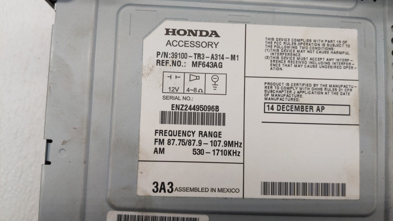 2013-2015 Honda Civic Radio AM FM Cd Player Receiver Replacement P/N:39100-TR3-A314-M1 39100-TS8-L314-M1 Fits 2013 2014 2015 OEM Used Auto Parts - Oemusedautoparts1.com