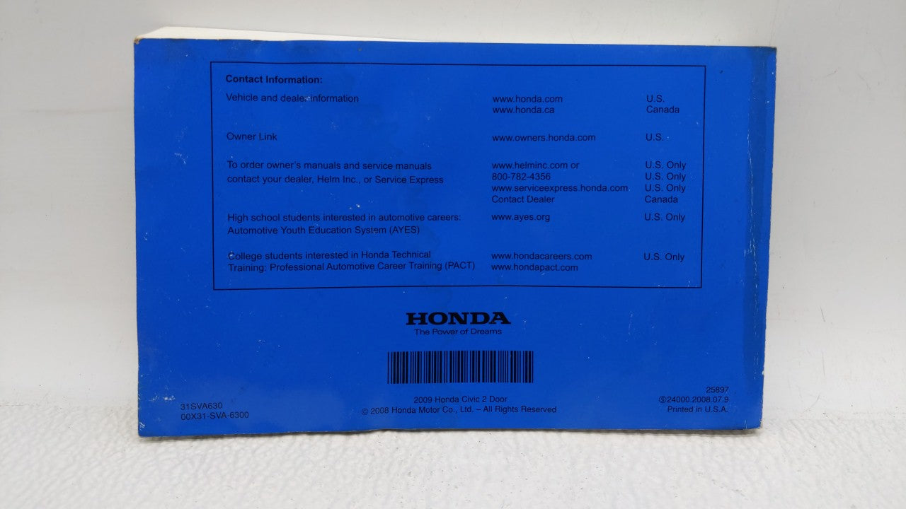 2009 Honda Civic Owners Manual Book Guide P/N:00X31-SVA-6300 OEM Used Auto Parts - Oemusedautoparts1.com