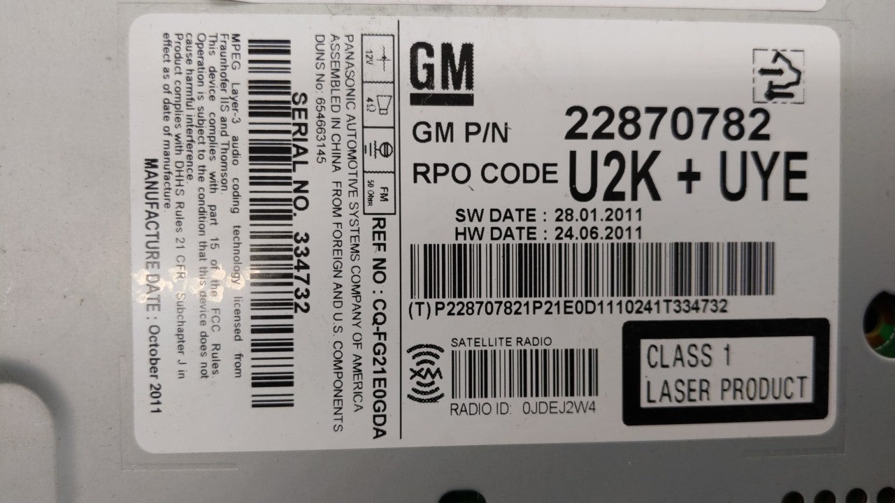 2011-2012 Chevrolet Cruze Radio AM FM Cd Player Receiver Replacement P/N:22870782 Fits 2010 2011 2012 OEM Used Auto Parts - Oemusedautoparts1.com