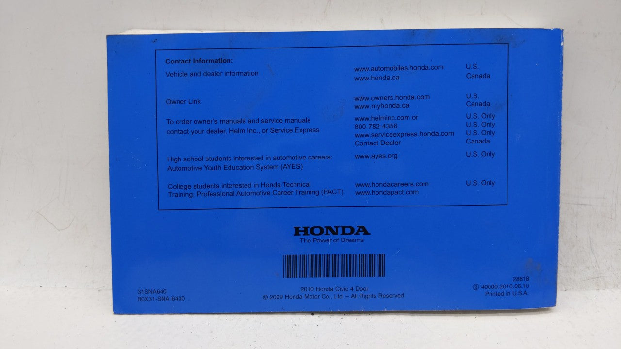 2010 Honda Civic Owners Manual Book Guide OEM Used Auto Parts - Oemusedautoparts1.com