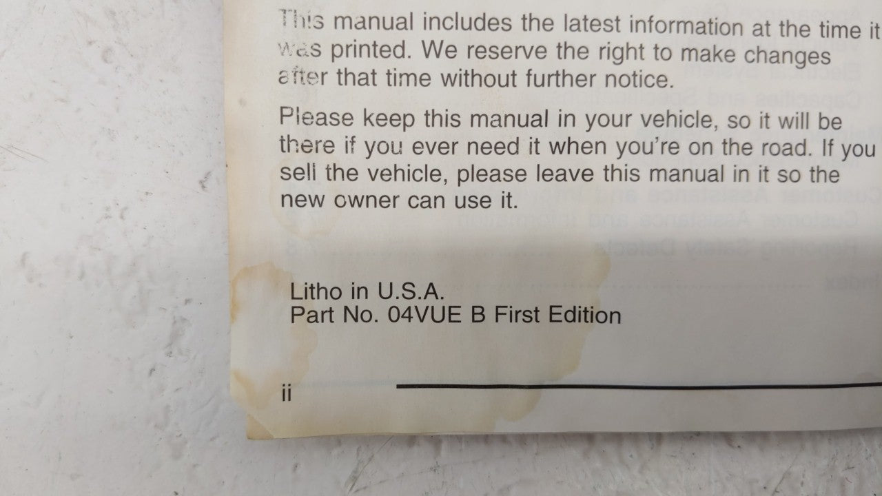 2004 Saturn Vue Owners Manual Book Guide OEM Used Auto Parts - Oemusedautoparts1.com