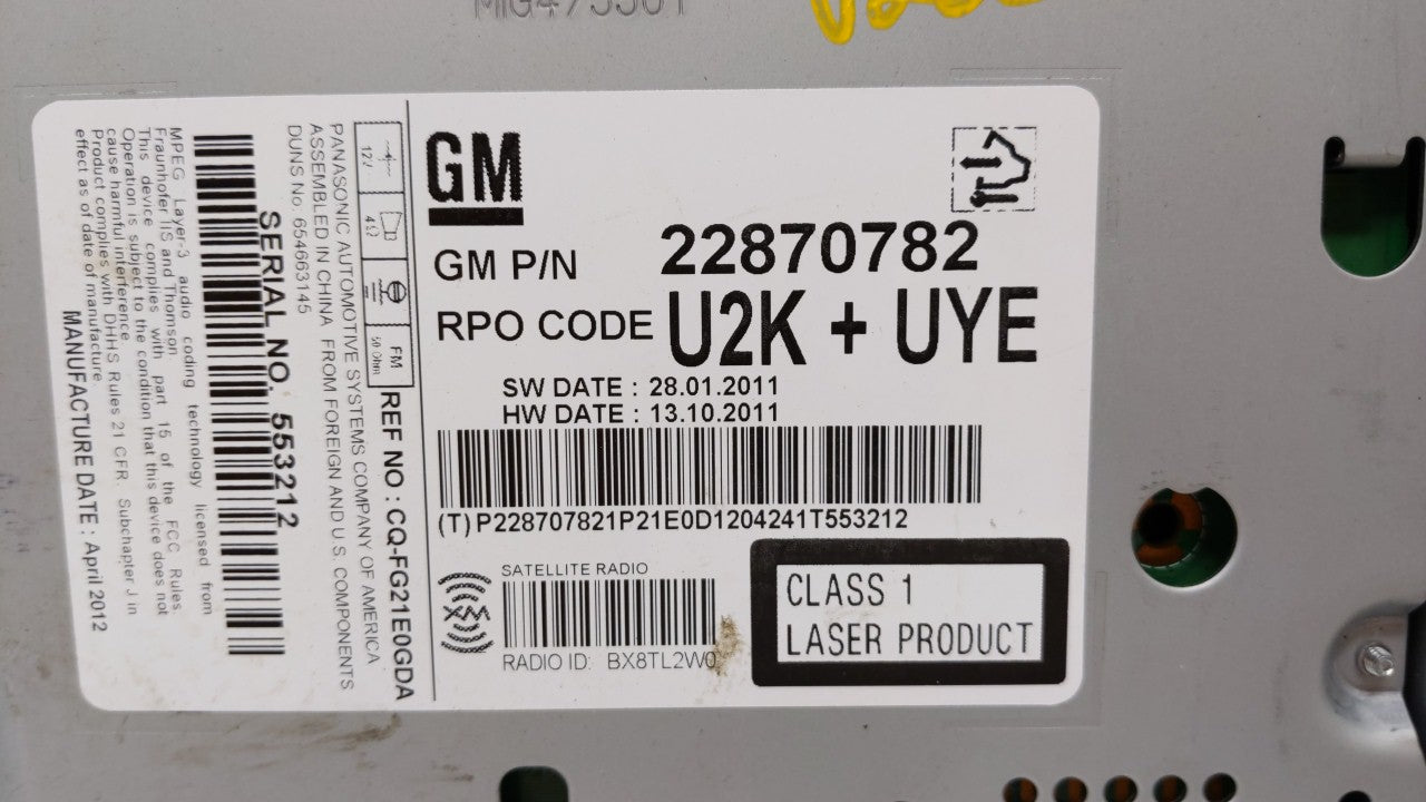 2011-2012 Chevrolet Cruze Radio AM FM Cd Player Receiver Replacement P/N:20983517 22870782 Fits 2010 2011 2012 OEM Used Auto Parts - Oemusedautoparts1.com