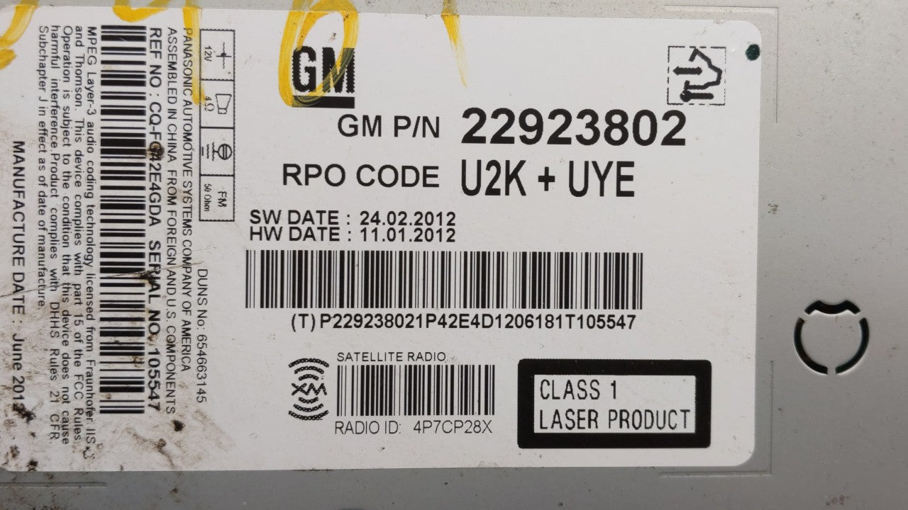 2013 Chevrolet Malibu Radio AM FM Cd Player Receiver Replacement P/N:22880998 22923802 Fits OEM Used Auto Parts - Oemusedautoparts1.com