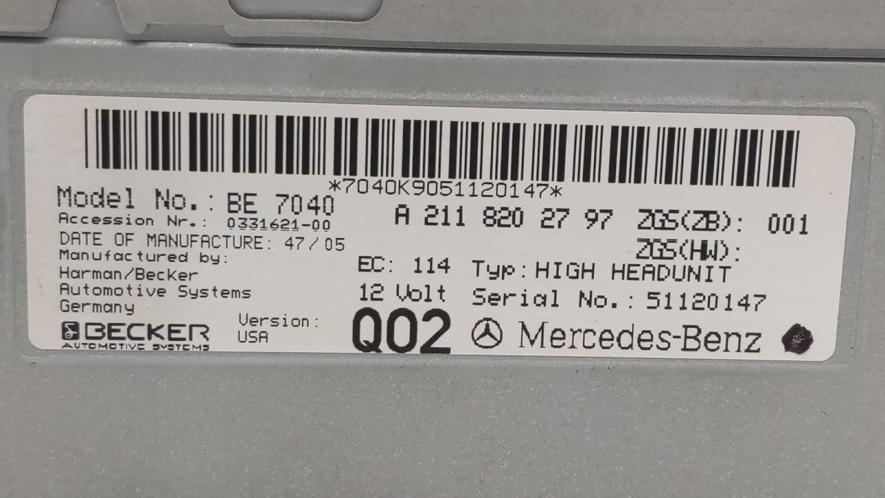 2005-2007 Mercedes-Benz E320 Radio AM FM Cd Player Receiver Replacement P/N:2118202797 211 820 27 97 Fits 2005 2006 2007 OEM Used Auto Parts - Oemusedautoparts1.com