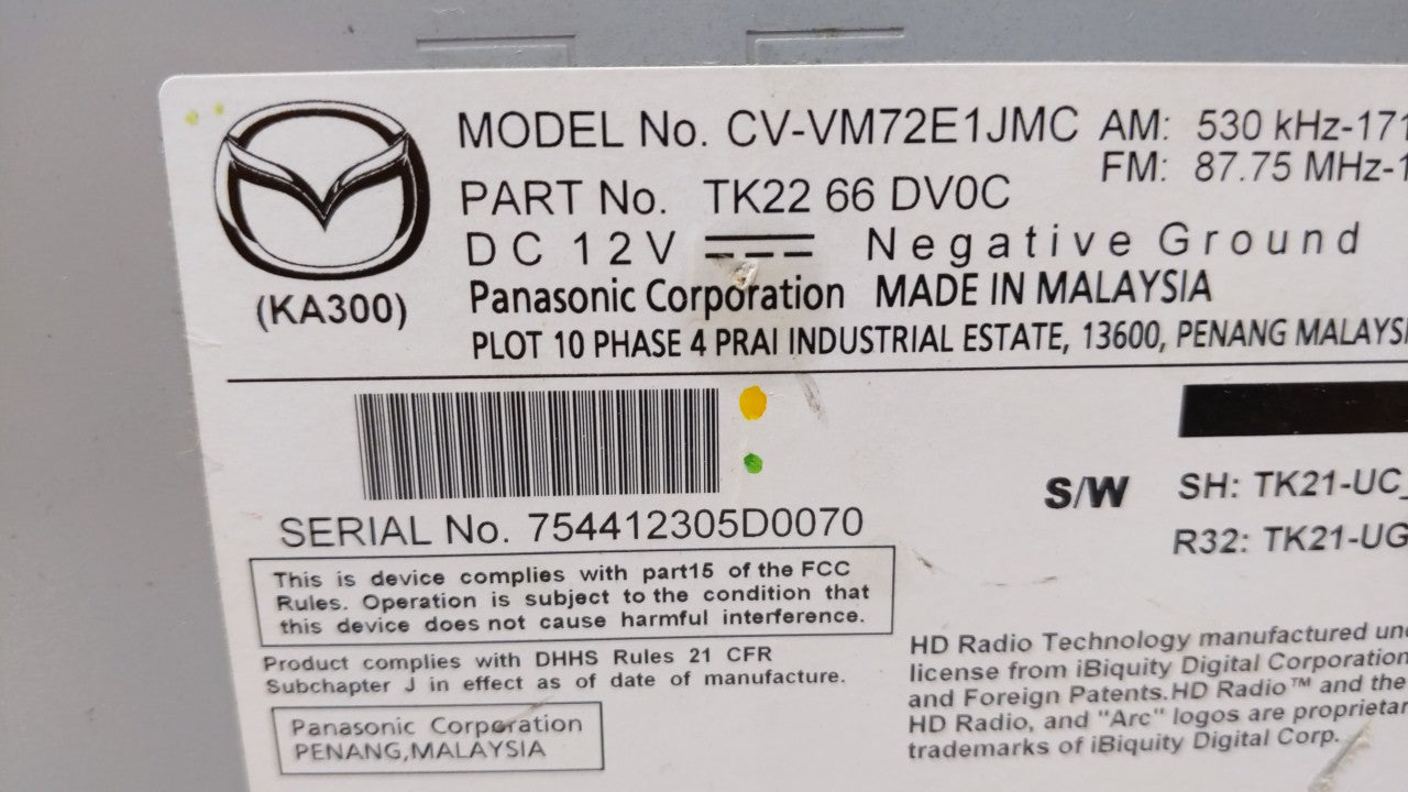 2013-2014 Mazda Cx-9 Radio AM FM Cd Player Receiver Replacement P/N:TK22 66 DV0C TK21 66 DV0 Fits 2013 2014 OEM Used Auto Parts - Oemusedautoparts1.com