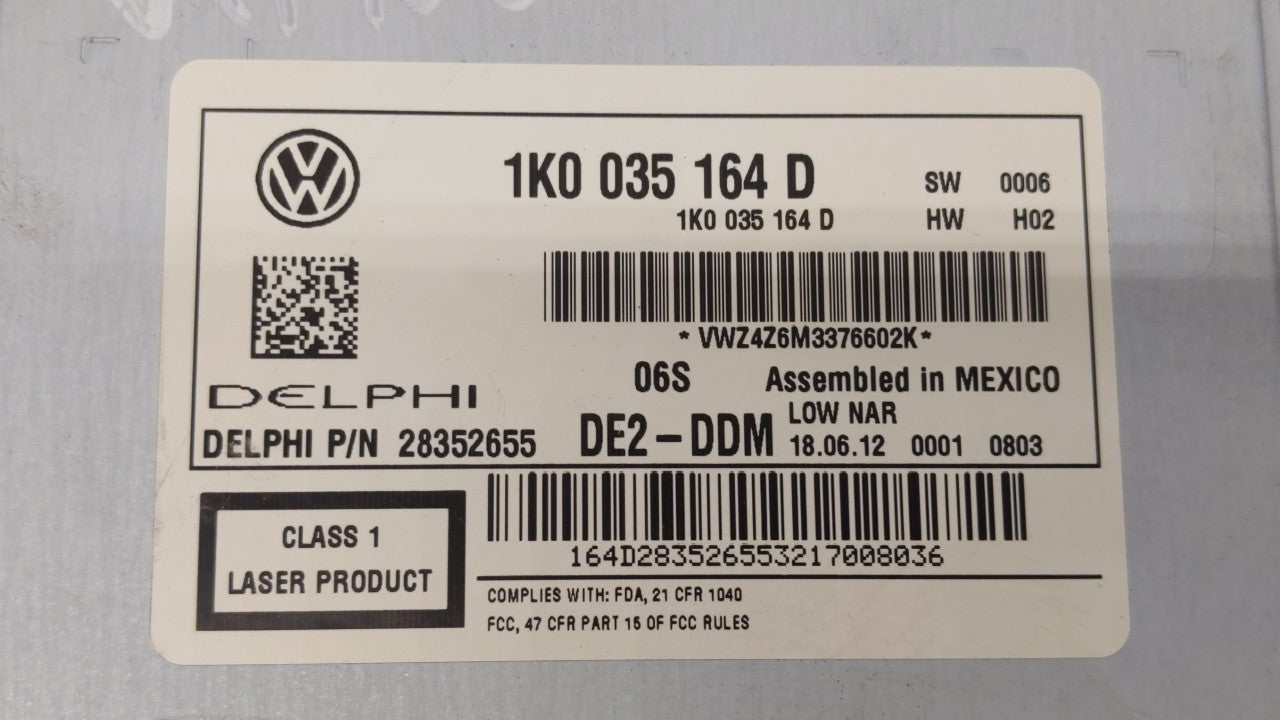 2012-2015 Volkswagen Passat Radio AM FM Cd Player Receiver Replacement P/N:1K0 035 164D Fits 2011 2012 2013 2014 2015 2016 OEM Used Auto Parts - Oemusedautoparts1.com