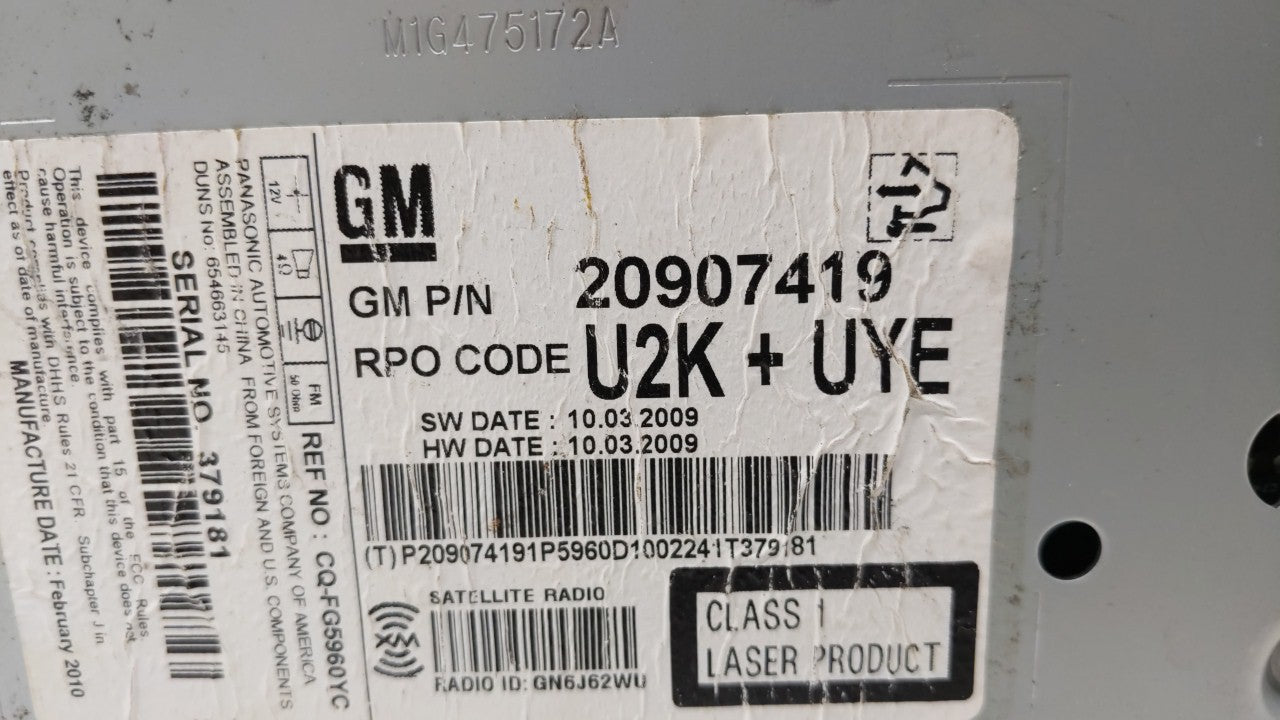 2010 Chevrolet Equinox Radio AM FM Cd Player Receiver Replacement P/N:20854719 20907419 Fits 2011 OEM Used Auto Parts - Oemusedautoparts1.com