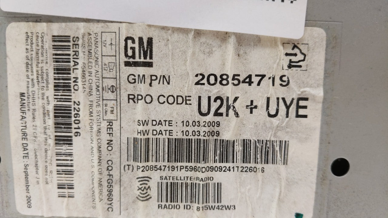 2010 Cadillac Srx Radio AM FM Cd Player Receiver Replacement P/N:20830921 20854719 Fits 2011 OEM Used Auto Parts - Oemusedautoparts1.com