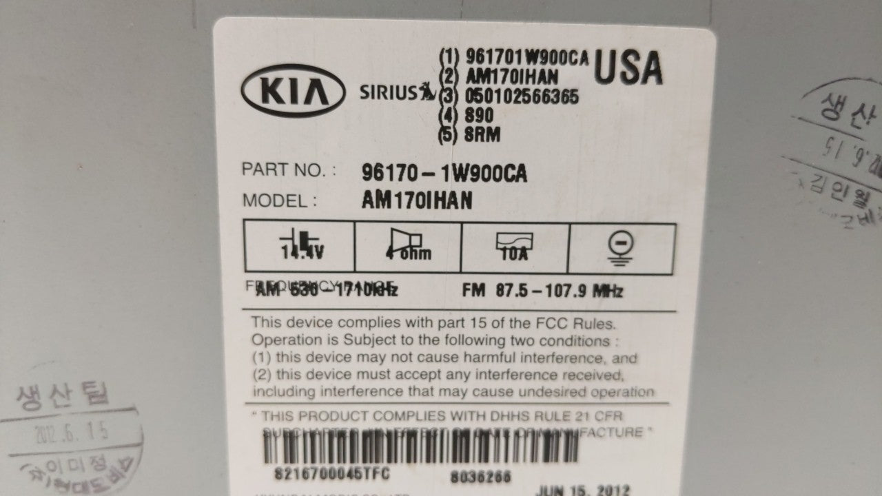 2012-2015 Kia Rio Radio AM FM Cd Player Receiver Replacement P/N:96170-1W950CA 96170-1W900CA Fits 2012 2013 2014 2015 OEM Used Auto Parts - Oemusedautoparts1.com