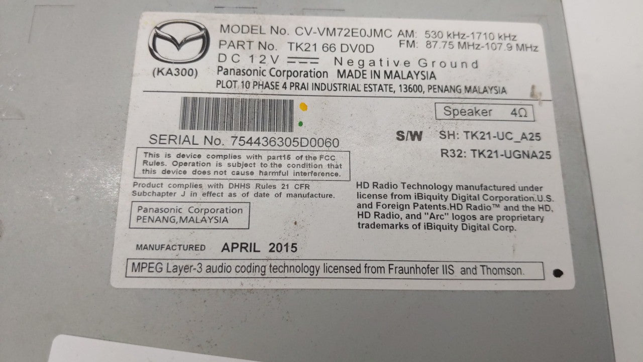 2013-2014 Mazda Cx-9 Radio AM FM Cd Player Receiver Replacement P/N:TK21 66 DV0D TK22 66 DV0C Fits 2013 2014 OEM Used Auto Parts - Oemusedautoparts1.com