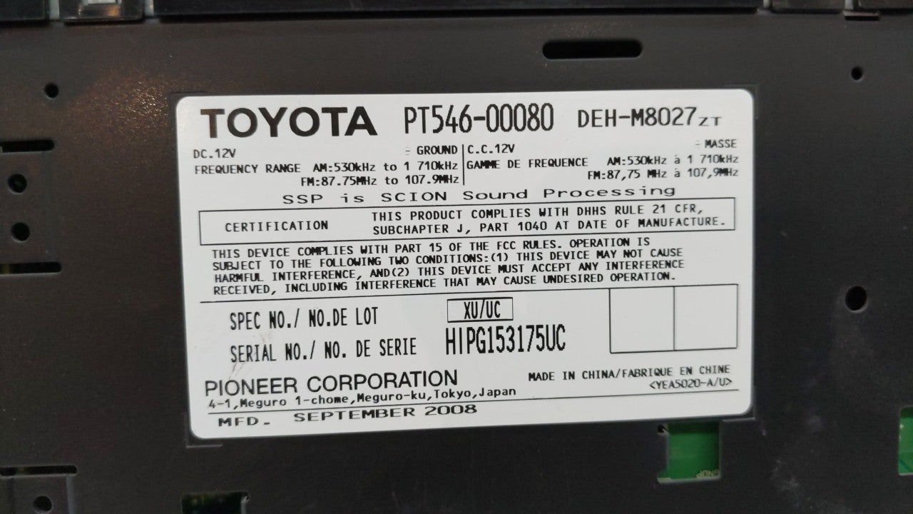 2008-2014 Scion Xb Radio AM FM Cd Player Receiver Replacement P/N:T1808 PT546-00080 Fits 2008 2009 2010 2011 2012 2013 2014 OEM Used Auto Parts - Oemusedautoparts1.com