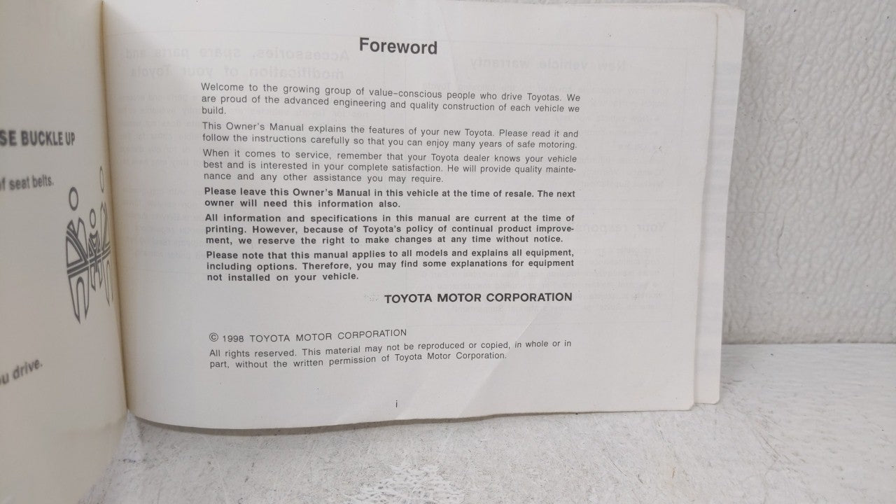 1999 Toyota Corolla Owners Manual Book Guide OEM Used Auto Parts - Oemusedautoparts1.com