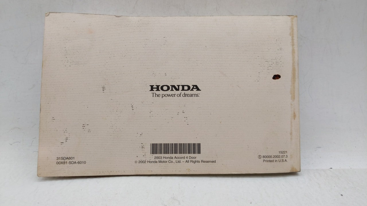 2003 Honda Accord Owners Manual Book Guide OEM Used Auto Parts - Oemusedautoparts1.com