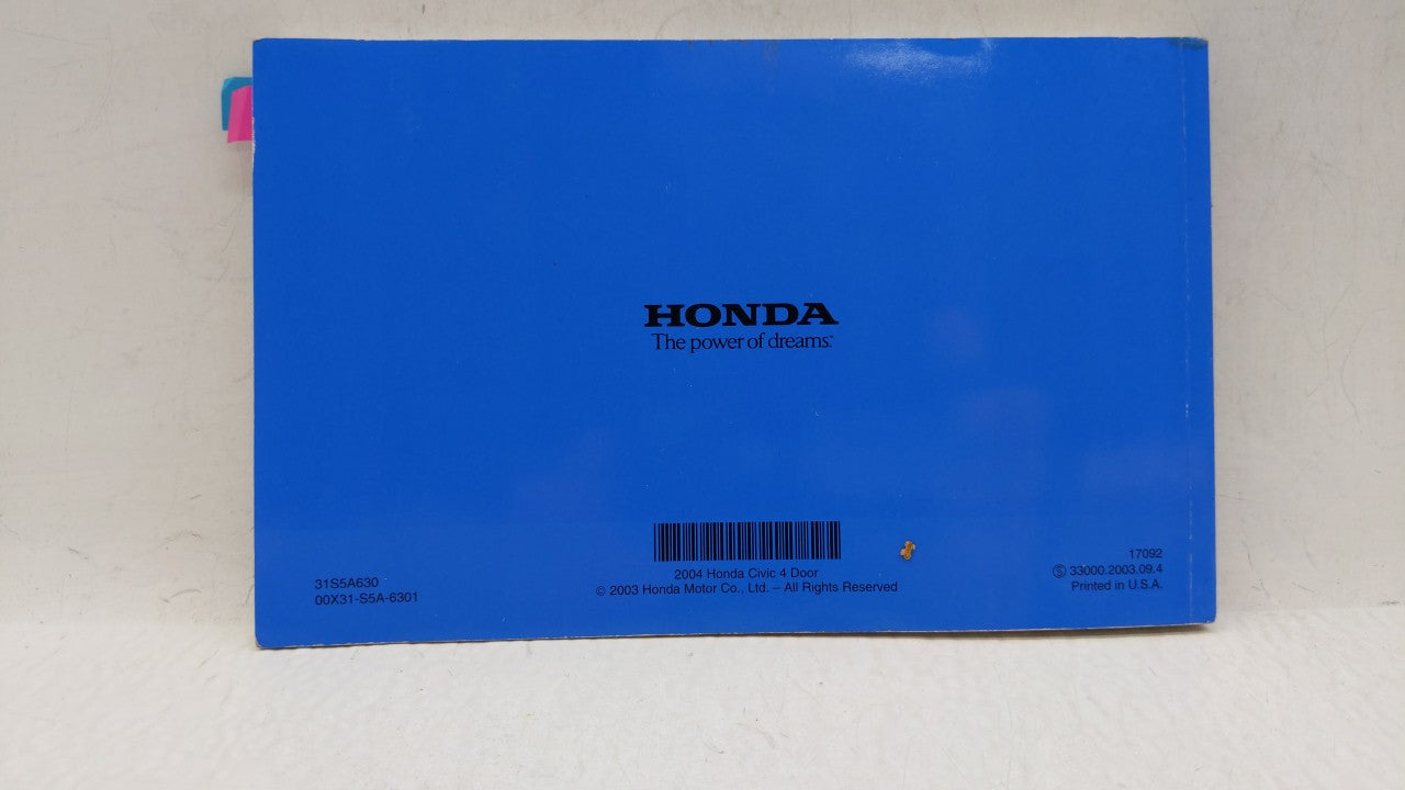 2004 Honda Civic Owners Manual Book Guide OEM Used Auto Parts - Oemusedautoparts1.com