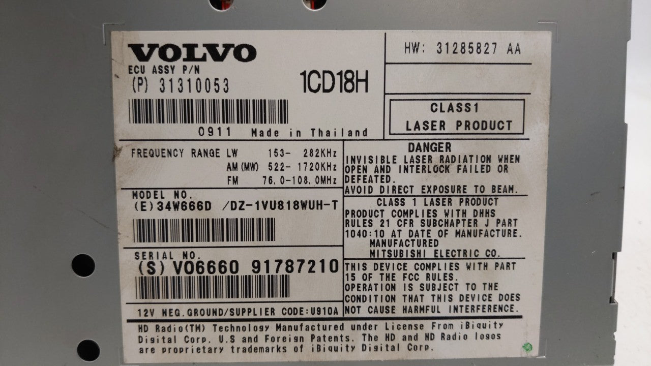 2009-2011 Volvo V50 Radio AM FM Cd Player Receiver Replacement P/N:31310053 Fits 2009 2010 2011 2012 2013 OEM Used Auto Parts - Oemusedautoparts1.com