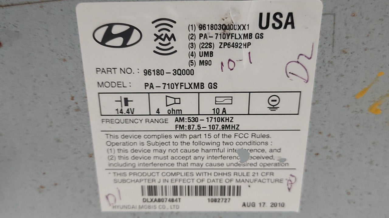 2011 Hyundai Sonata Radio AM FM Cd Player Receiver Replacement P/N:96180-3Q000 961803Q000 Fits OEM Used Auto Parts - Oemusedautoparts1.com