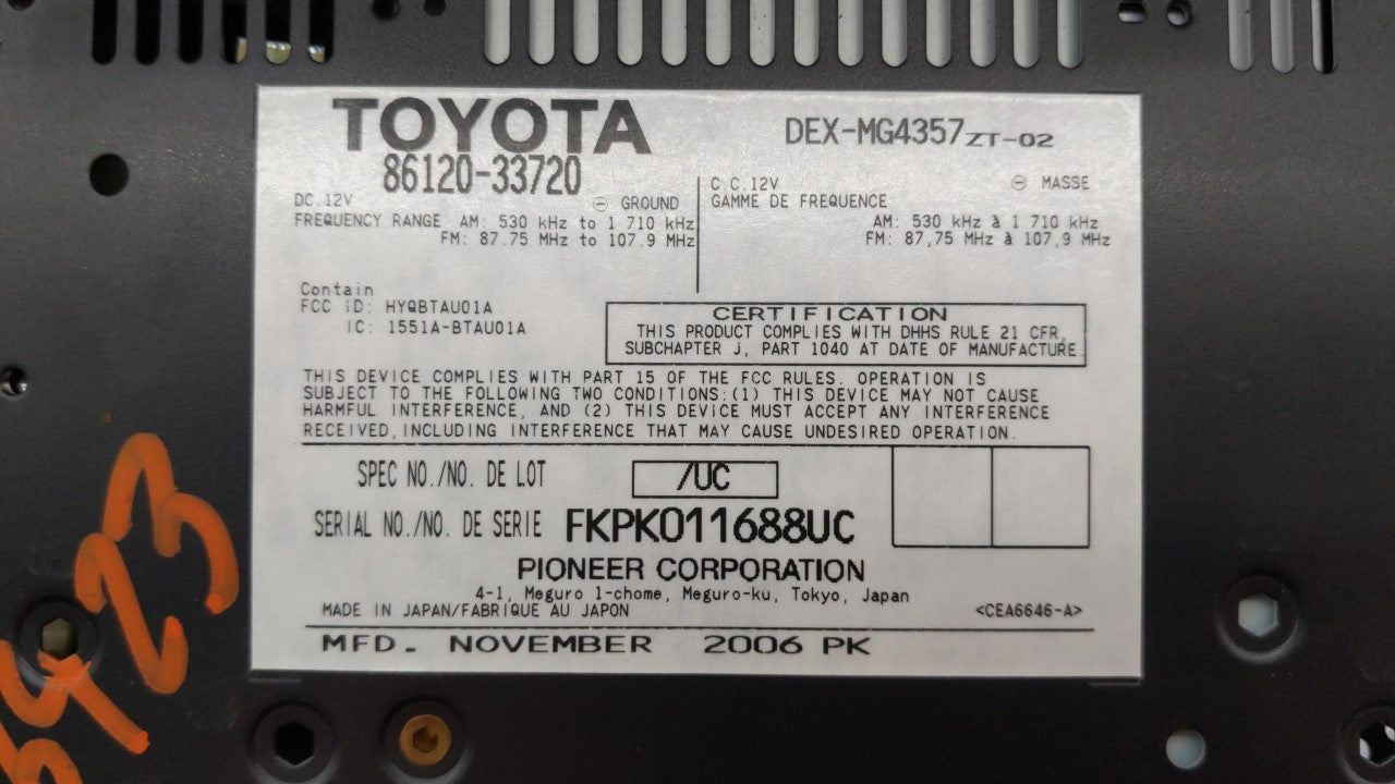 2007-2009 Lexus Es350 Radio AM FM Cd Player Receiver Replacement P/N:86120-33720-1 86120-33720 Fits 2007 2008 2009 OEM Used Auto Parts - Oemusedautoparts1.com