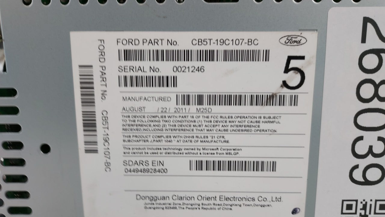 2012 Ford Explorer Radio AM FM Cd Player Receiver Replacement P/N:CB5T-19C107-BC CB5T-19C107-BB Fits OEM Used Auto Parts - Oemusedautoparts1.com