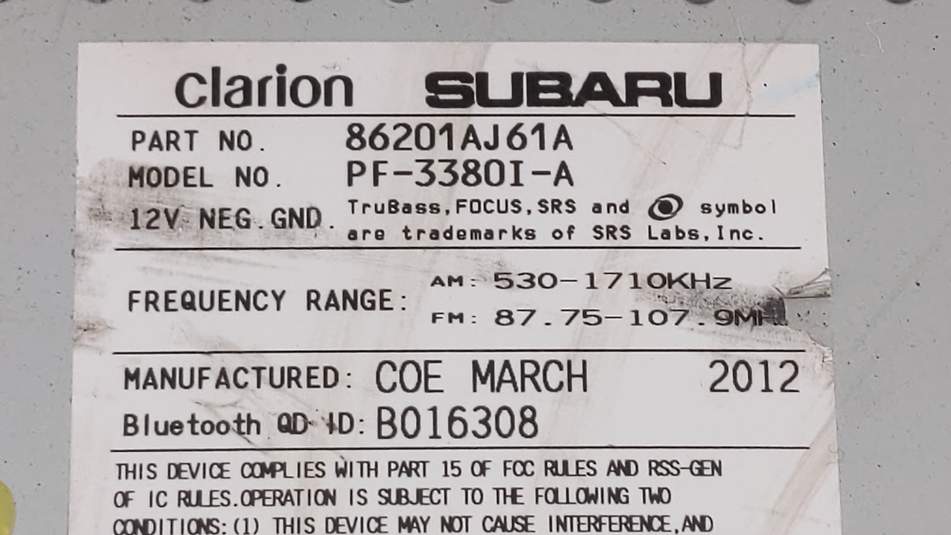 2012-2014 Subaru Legacy Radio AM FM Cd Player Receiver Replacement P/N:86201AJ61A Fits 2012 2013 2014 OEM Used Auto Parts - Oemusedautoparts1.com