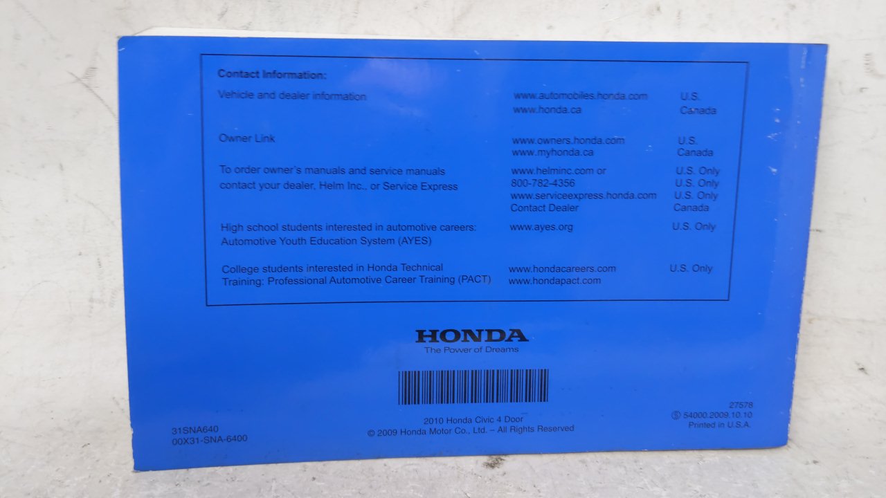 2010 Honda Civic Owners Manual Book Guide OEM Used Auto Parts - Oemusedautoparts1.com