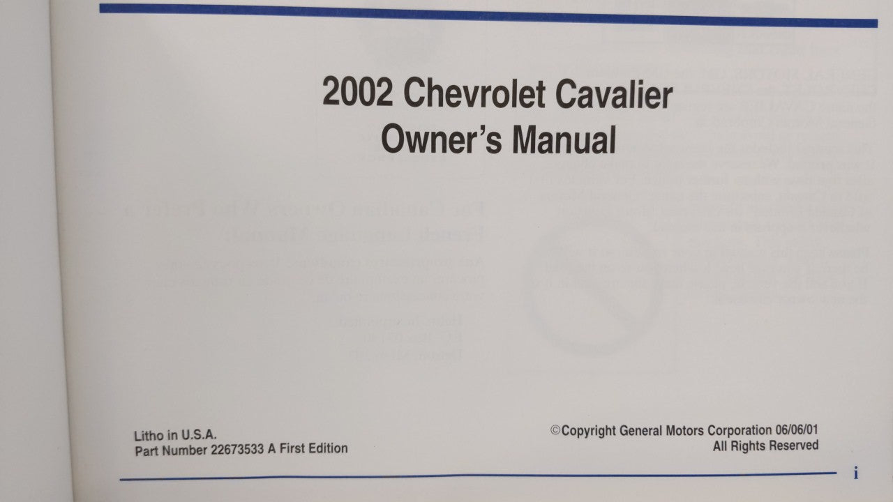 2002 Chevrolet Cavalier Owners Manual Book Guide OEM Used Auto Parts - Oemusedautoparts1.com