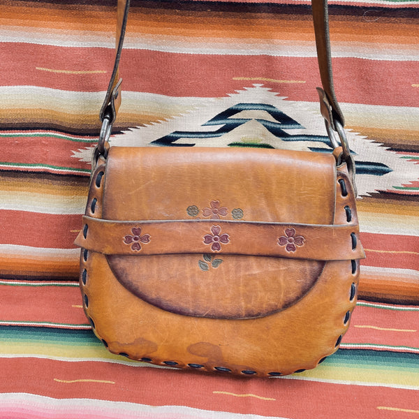 Vintage Hand Tooled Leather Handbag + Ceramic Beads, Boho Shoulder Bag