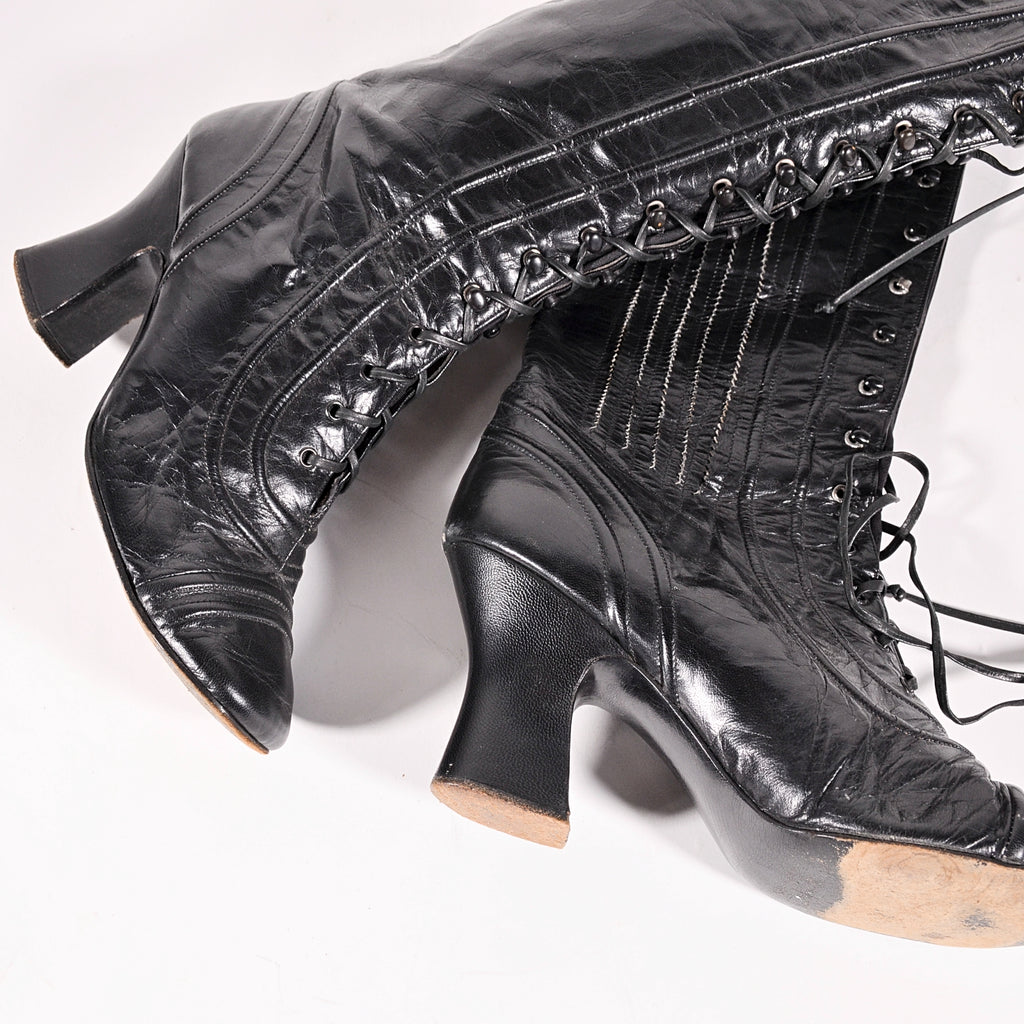 black leather granny lace up boots