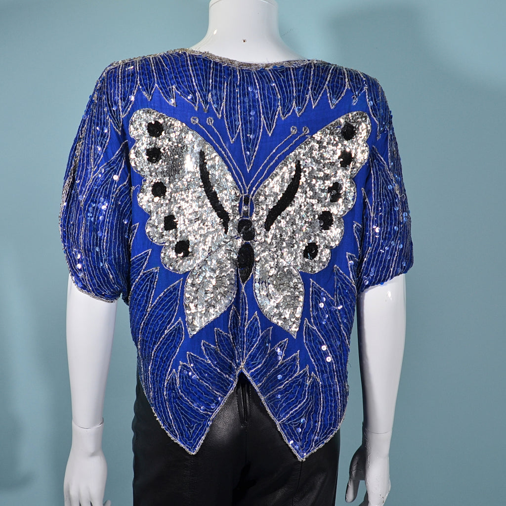 Vintage 70s Sequin Butterfly Top, Blue/Silver Boho Disco Art Deco Spar ...