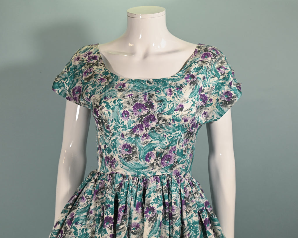 Vintage 50s Teal Purple Floral Dress, Fit and Flare Fitted 26