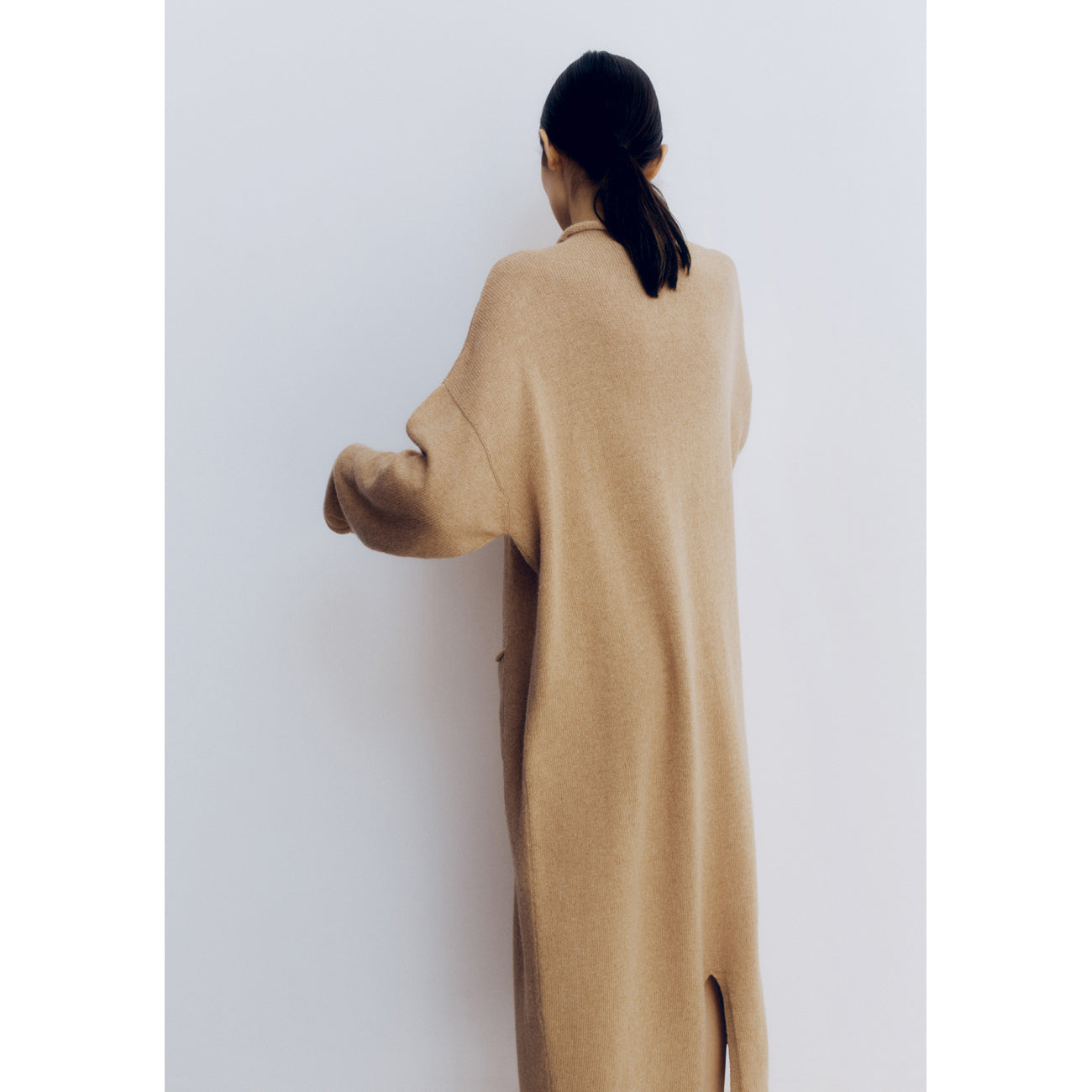 alpaca roll neck dress in camel