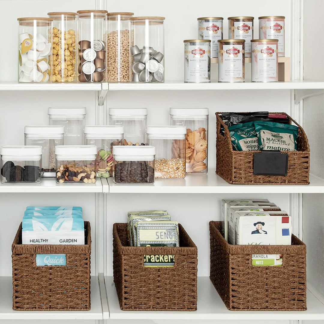 Organize the pantry with handwoven paper rope baskets - a stylish and eco-friendly storage solution for a tidy and efficient kitchen space