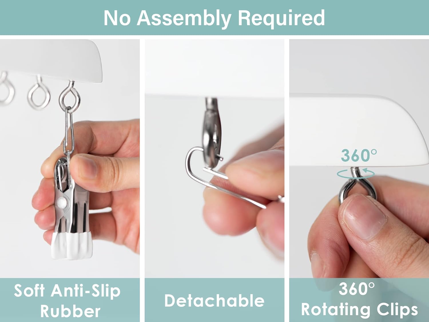 The features of the hat organizer clips: anti-slip, detachable, and 360-degree-rotating.