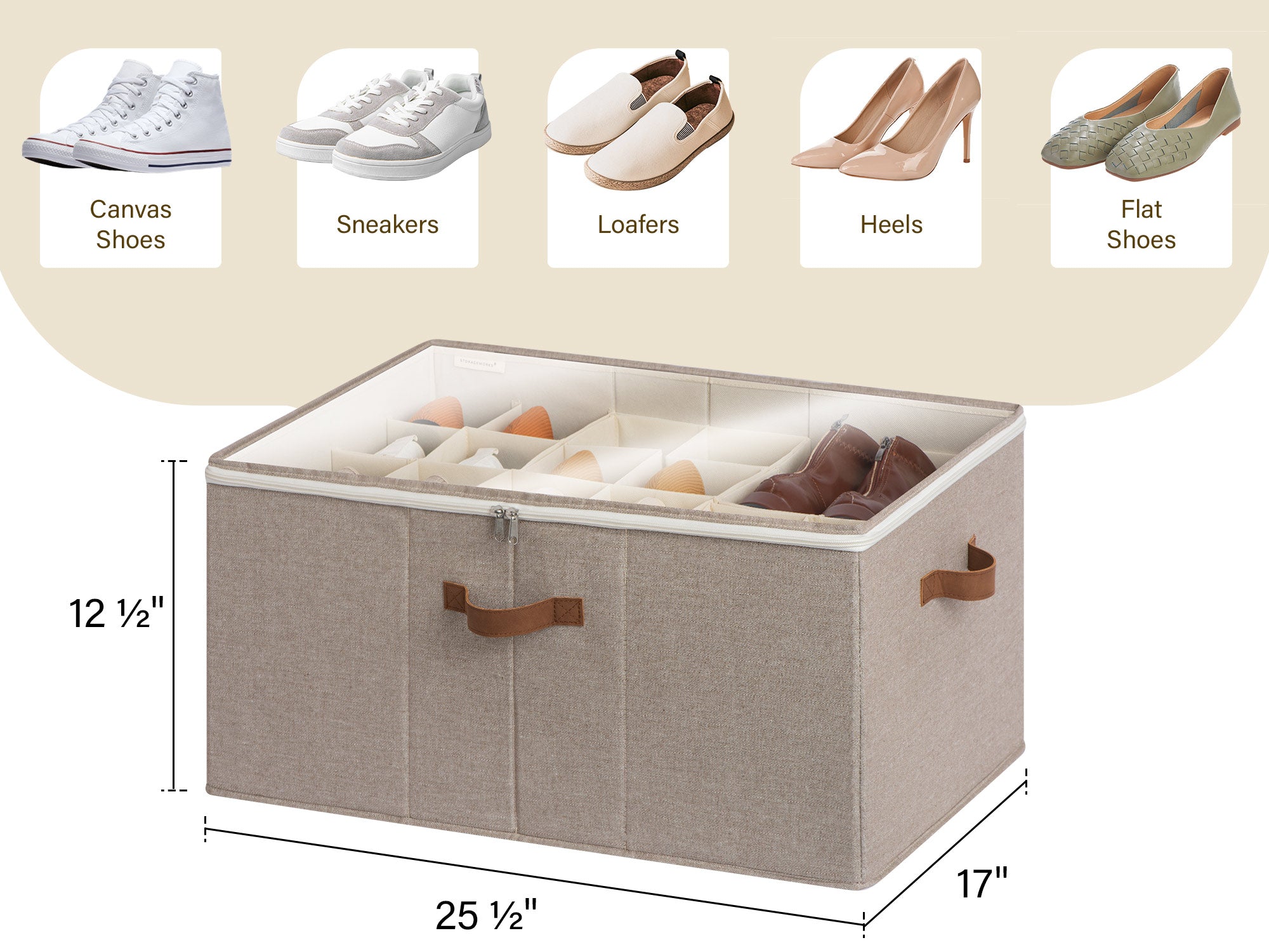 Size of the large shoe storage bin with adjustable dividers