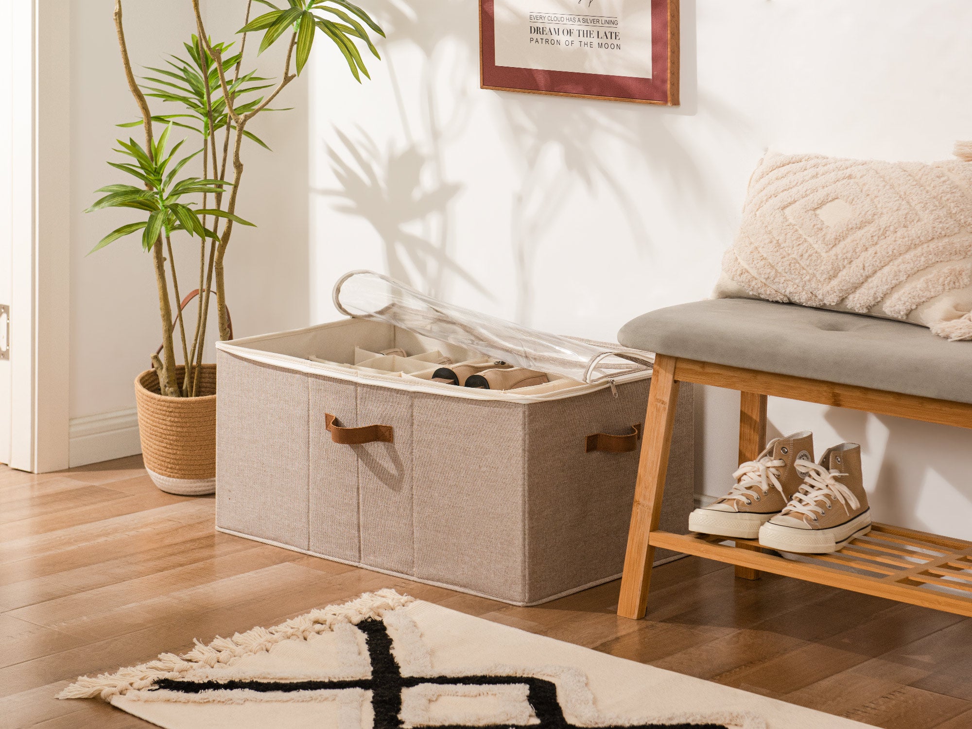 Large brownish beige shoe storage organizer beside a shoe bench by the entryway