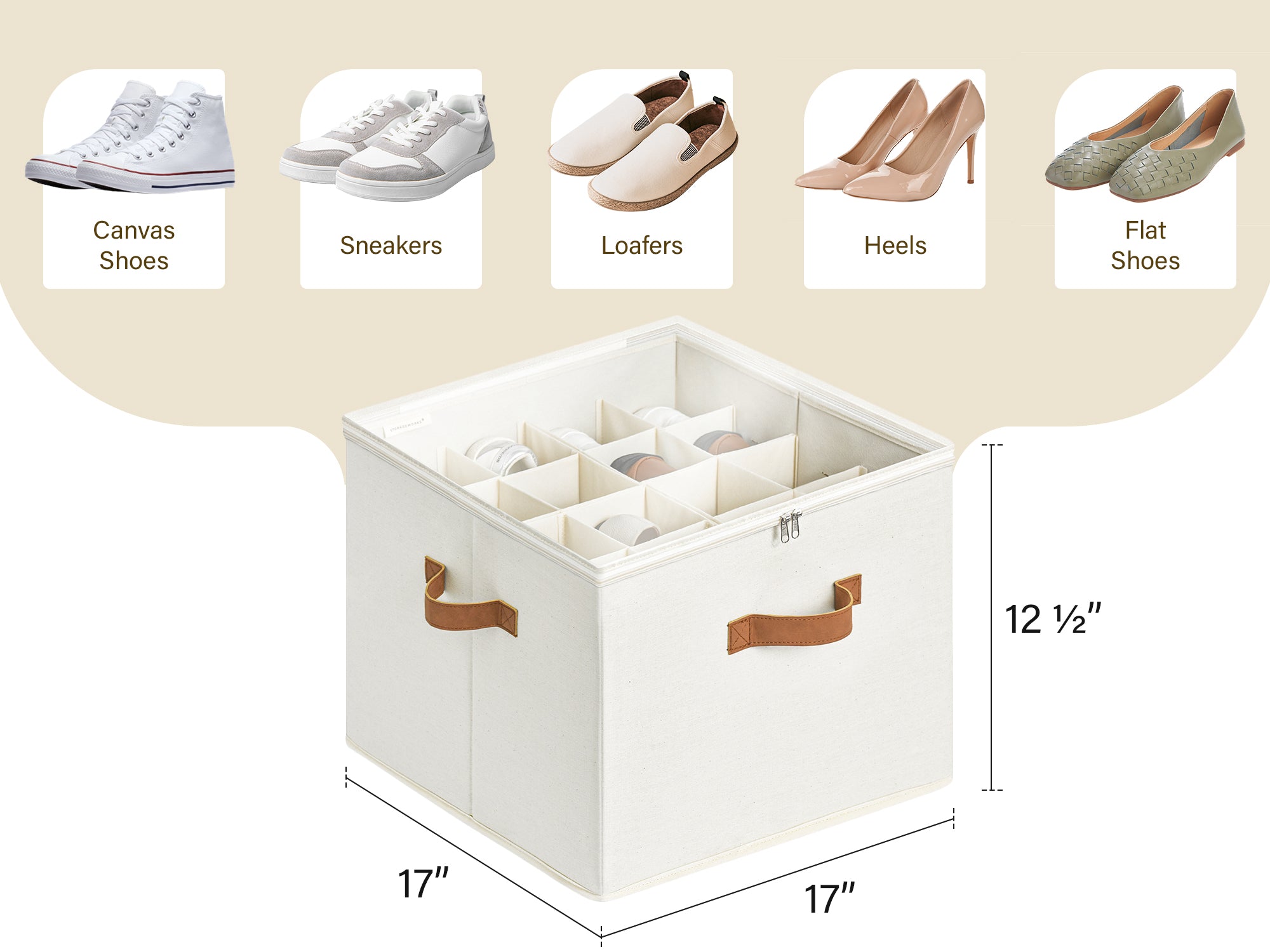 Size of medium shoe storage organizer with customizable pop-out dividers