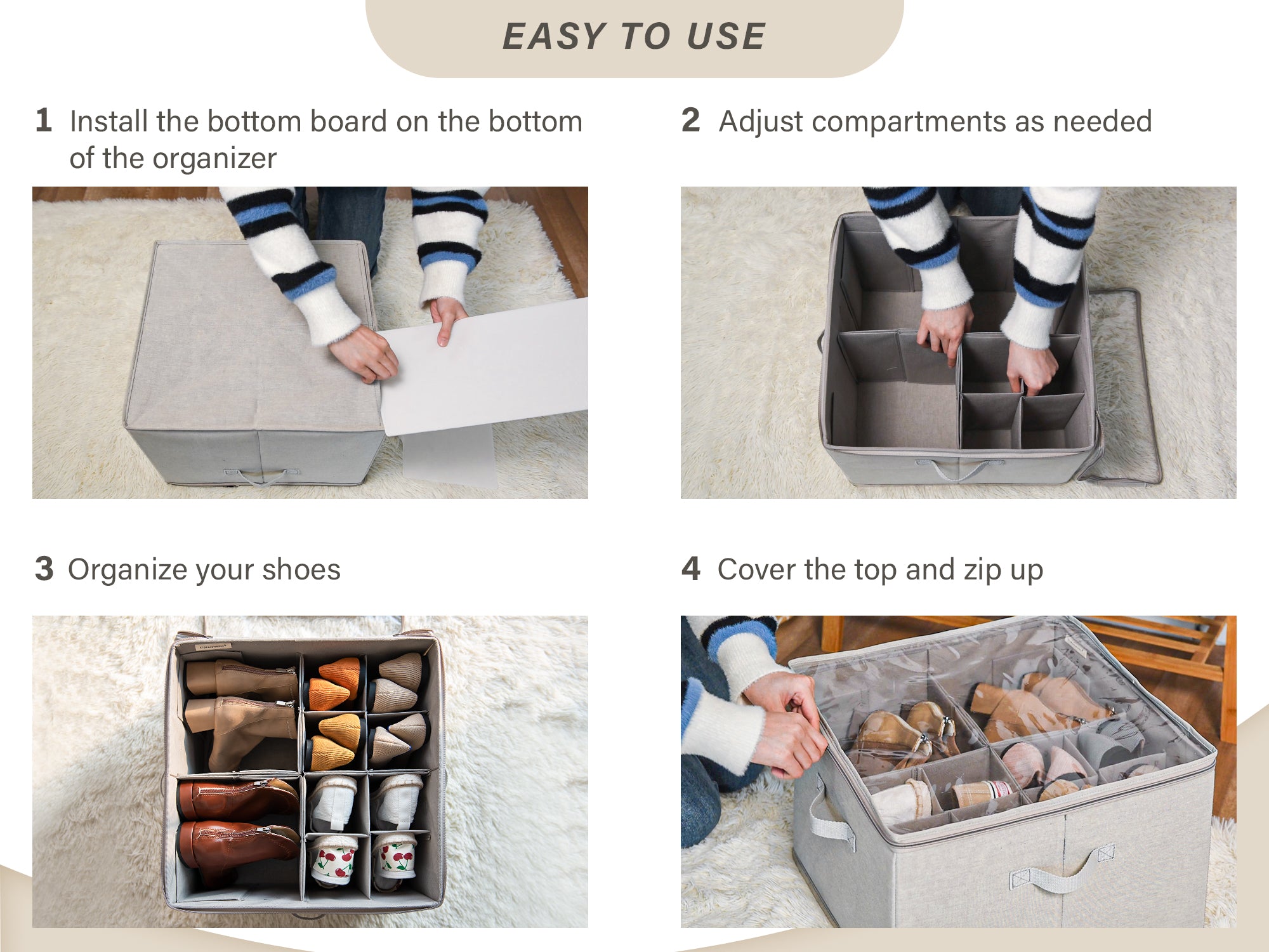 Installation instructions for the shoe storage organizer with adjustable separators and clear cover